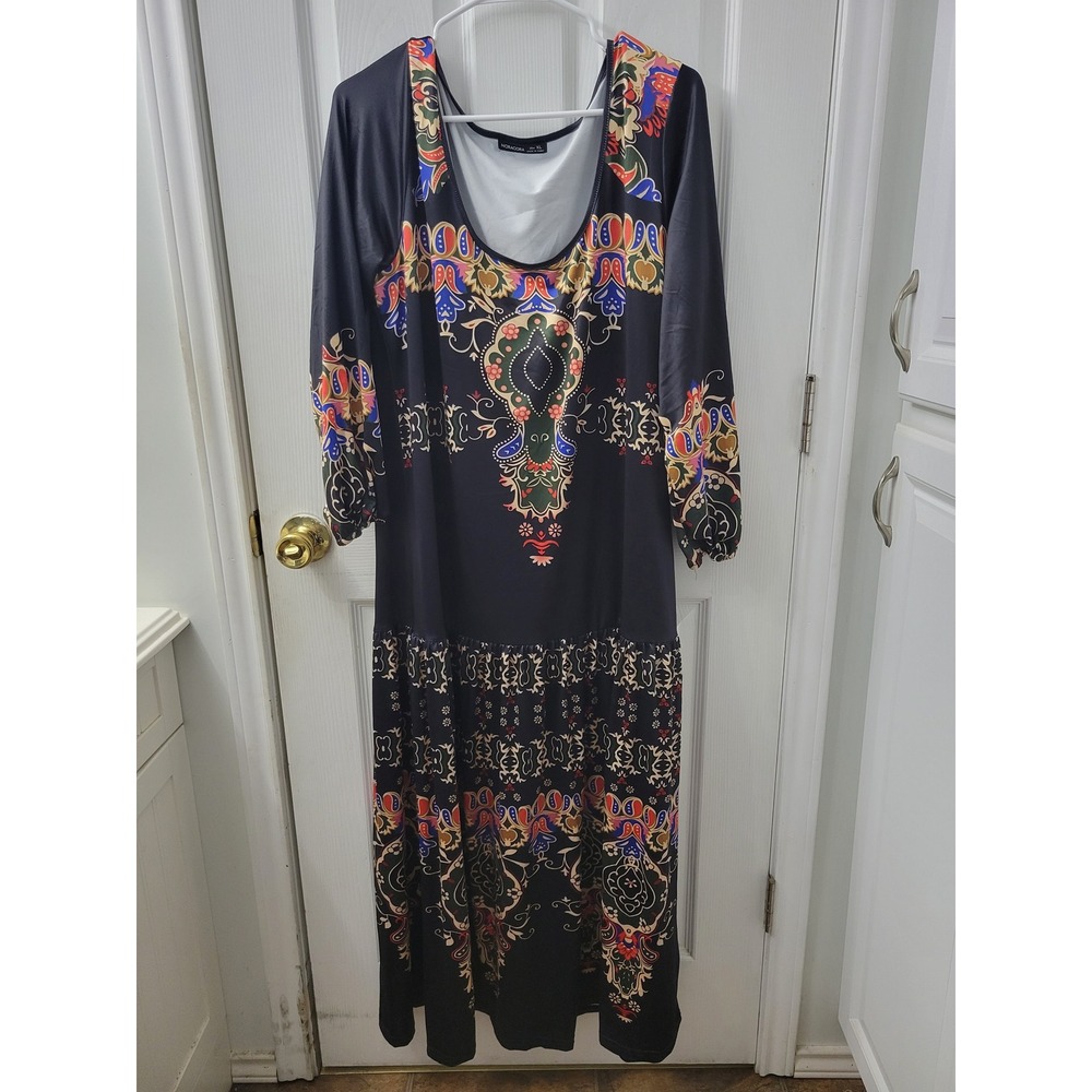 Noracora Womens XL Black Boho Paisley Floral Print Tiered Maxi Dress 1310615#